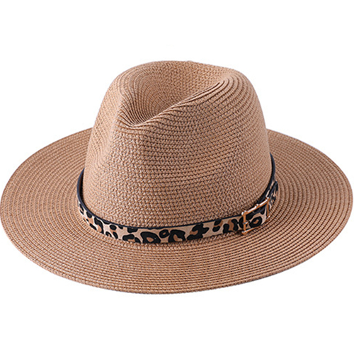 New Fashion Leopard Printing Belt Summer Traveling Plain Fedora Women Beach Panama Straw Fedora Hat