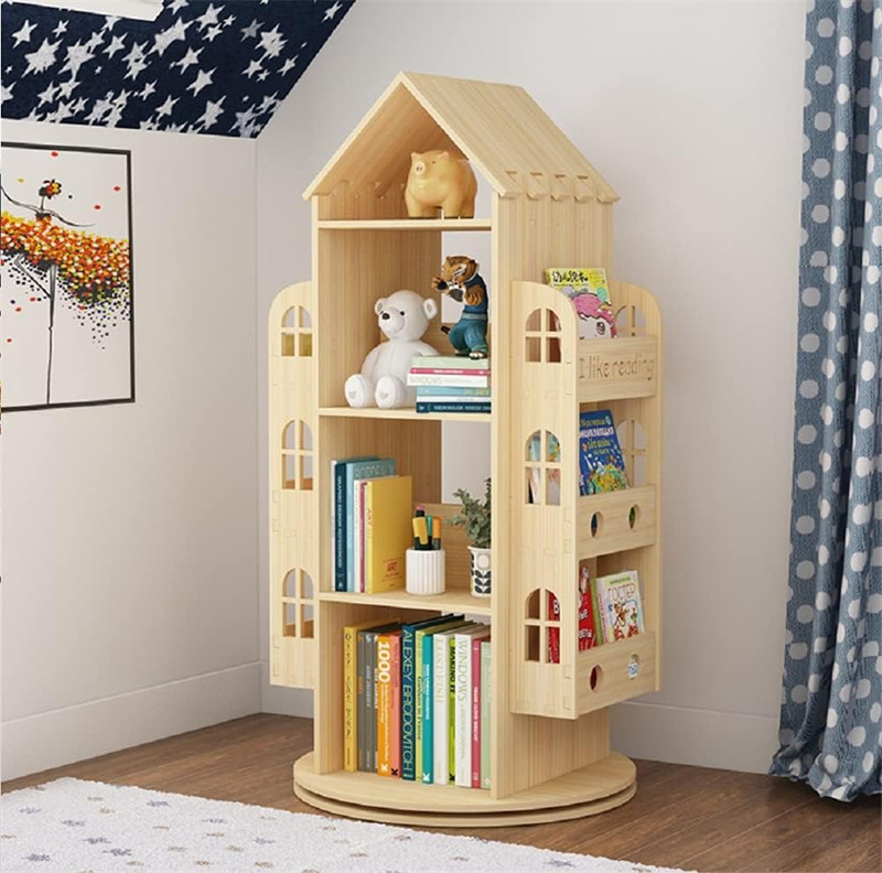 Rotating 360 Display Floor Standing Bookcase Storage Rack Children's Bookshelf Wood Book Shelf Organizer Stand for Kids