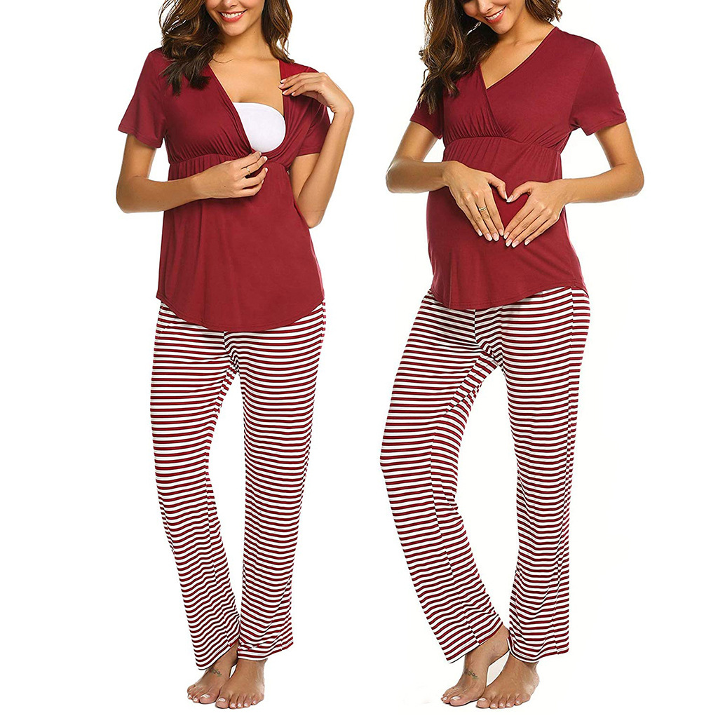 Seefoun OEM Breastfeeding T-Shirt Clothes for Pregnant Women V-Neck Solid Short Sleeve Nursing Tops Maternity Clothes