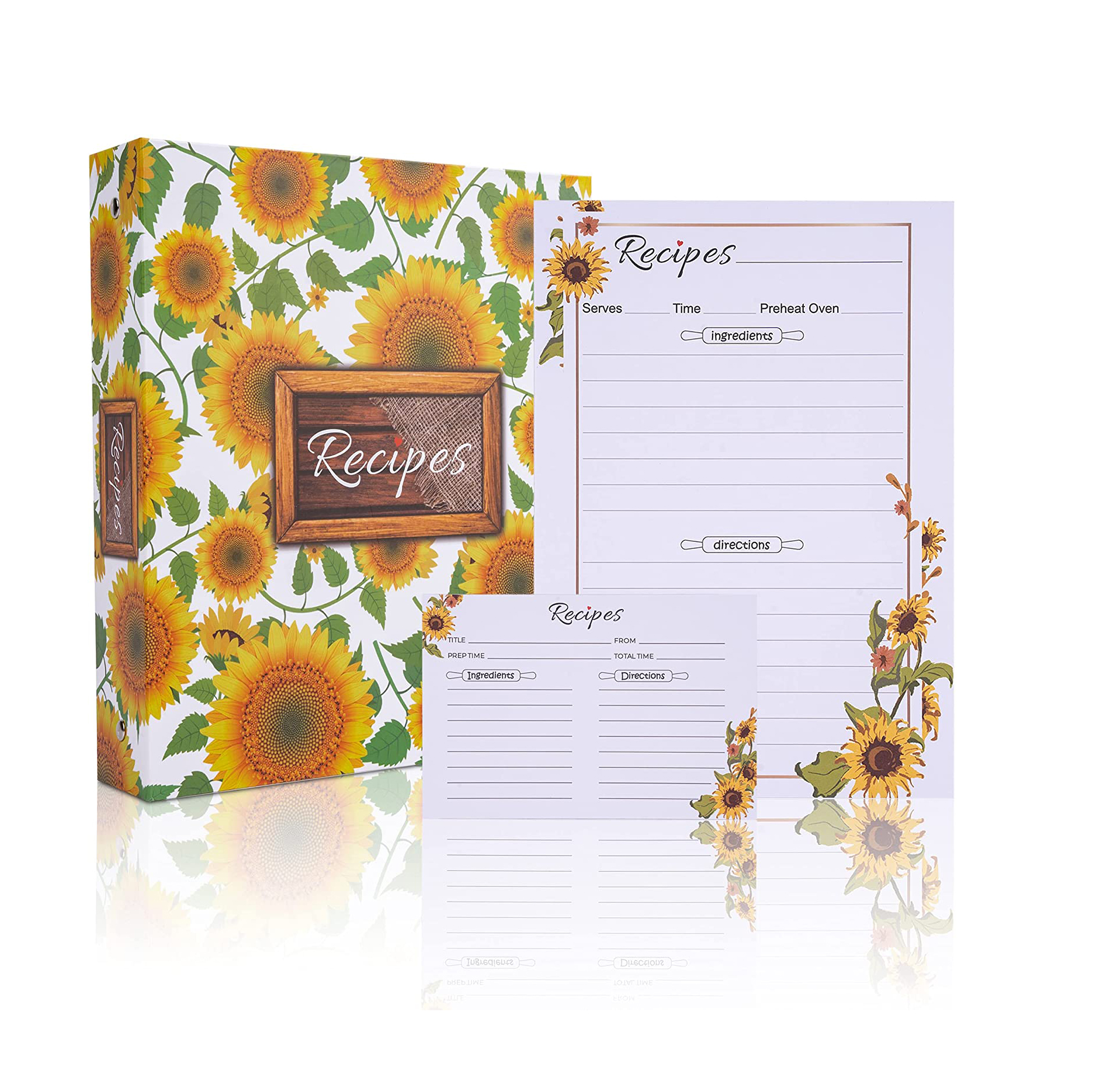 Custom Sunflower Recipe Book Binder with Blank Recipe Card and Protective Pocket 3 Ring Recipe Binder