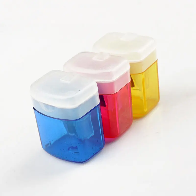 Wholesale custom LOGO color transparent cute plastic pencil sharpener with lid for kids Back to school stationery