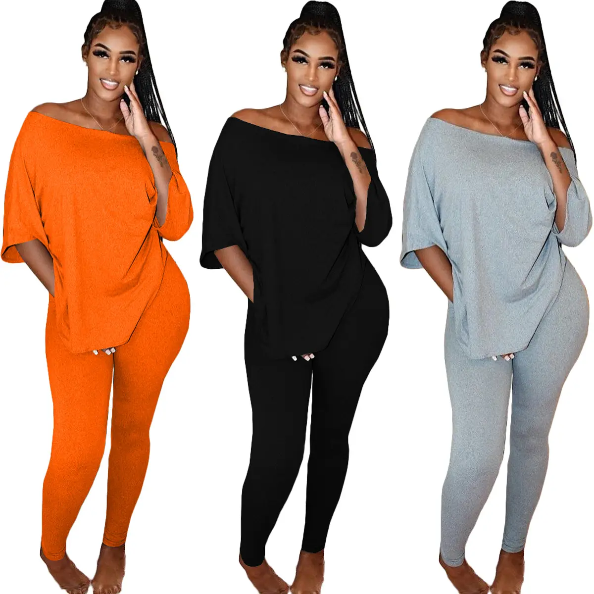 2021 Fall custom sweatsuit casual women clothing sexy off shoulder backless top and long pants two piece set tracksuits