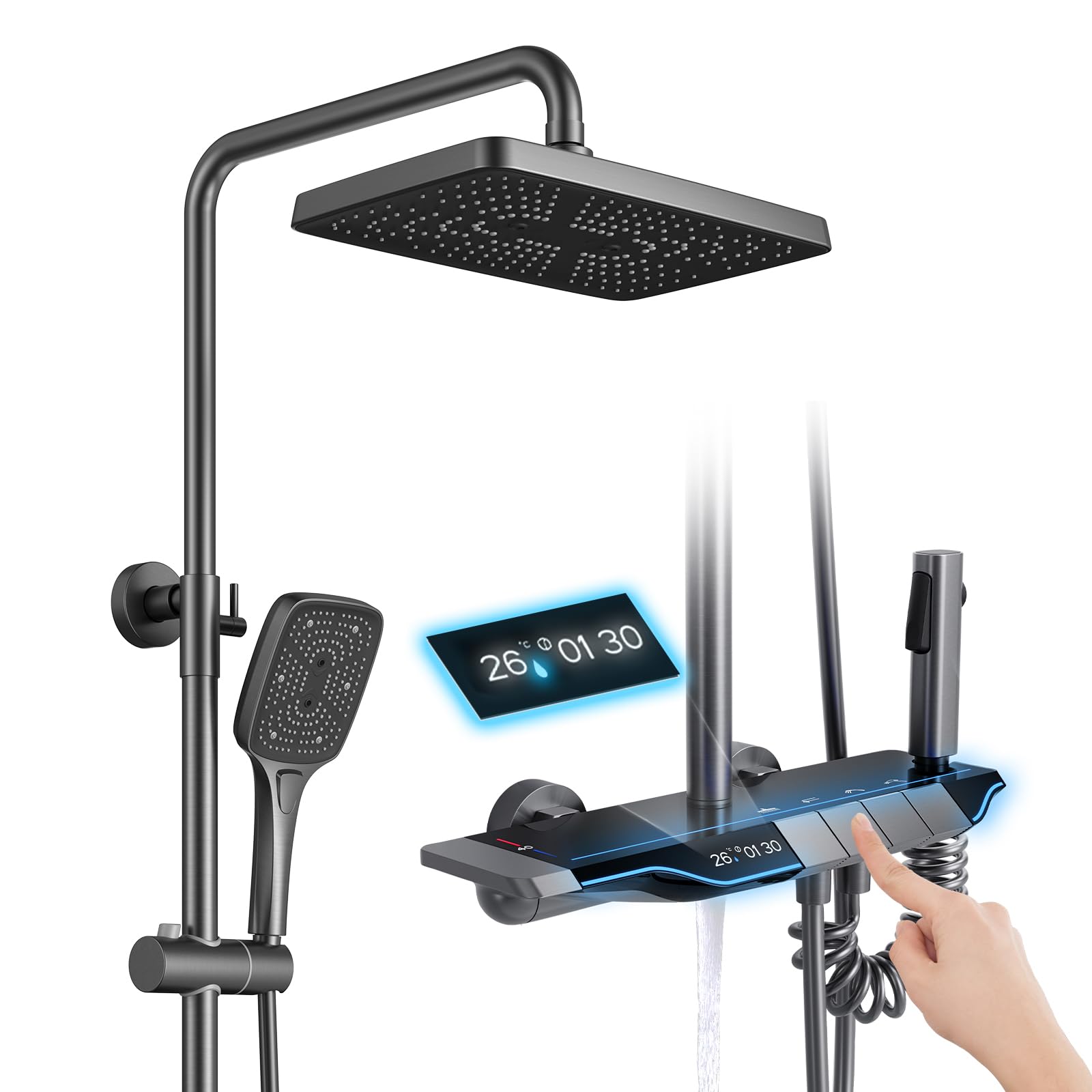 Modern Brass Gray Thermostatic Digital Display with Ambient Lights Shower Set 4-Function Piano Key Bathroom Shower Set