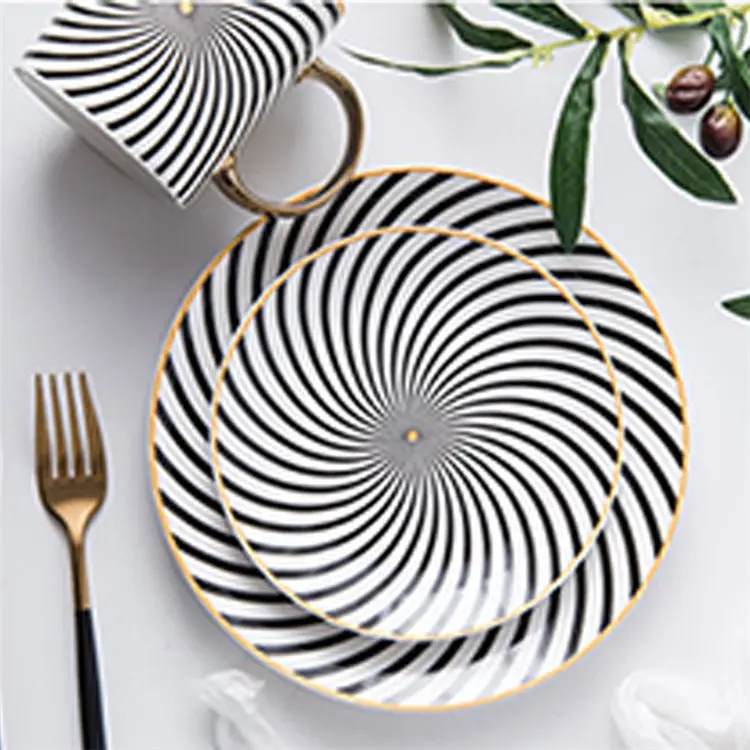 Hotel special design modern dinner plate set gold rimmed ceramic dinner set dinnerware