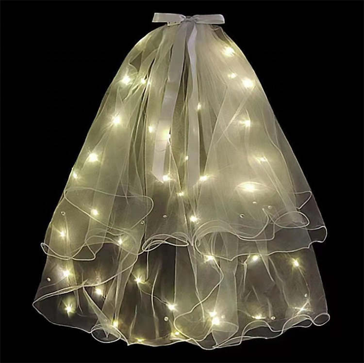 Luminous Veil Net Red Luminous Yarn Super Fairy Ribbon Bow LED Light with Luminous with Pearl Warm Light Small Veil