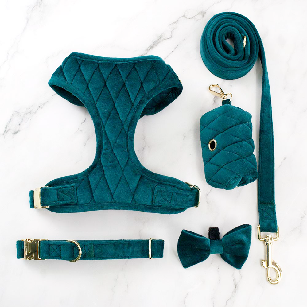 No Pull Dog Harness Set, Breathable, Adjustable, Comfort, Velvet, Custom, Match Collar, bow Tie