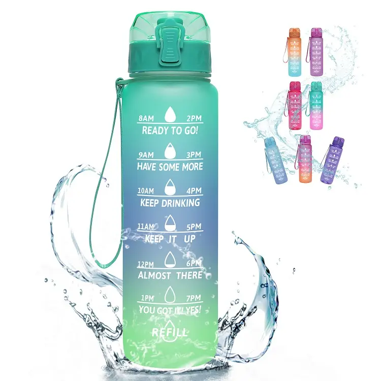 Motivation Water Bottle Fitness 32Oz Tritan Bpa Free Time Marker Plastic Frosted Hot Water