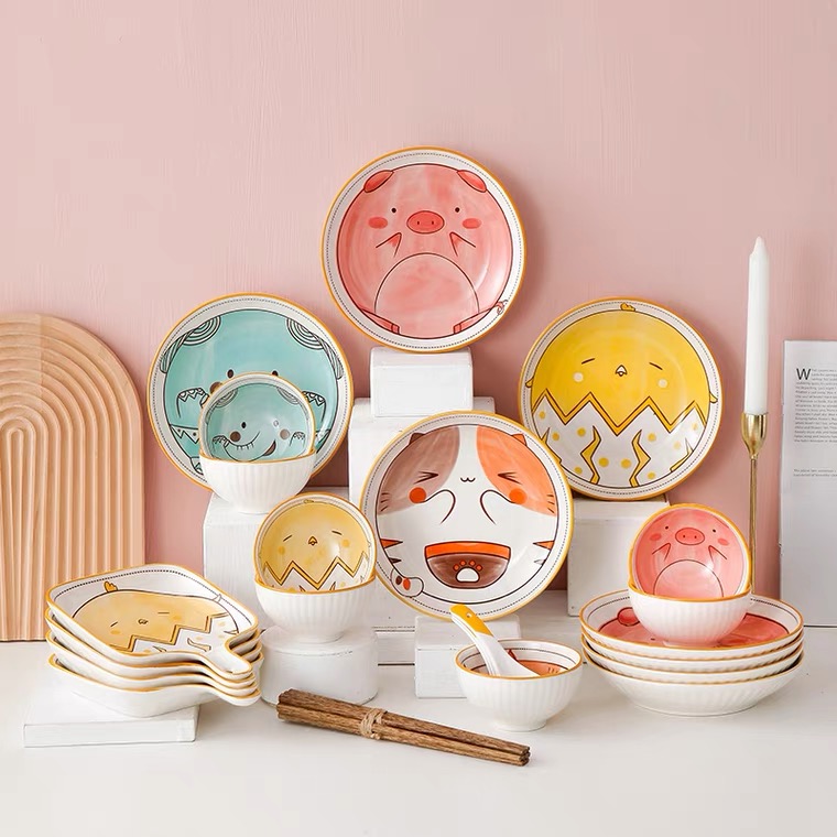 Mengpet series Children Ceramic Tableware Dishes Cute Animal Household Handle Dish Grill Dish Rice Bowl Dinner Bowl Set