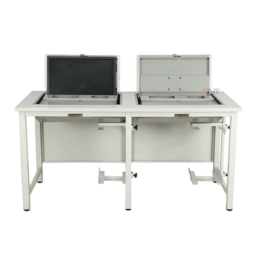 school used double sets flip top computer desk with the monitor security case