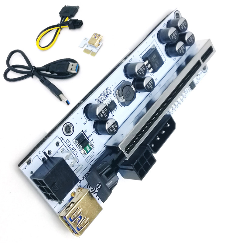 010X riser Newest Ver Metal slot USB 3.0 6 led display PCIE x1 to x16 Riser double 6 pin interfaces and 4 pin interfaceS 010-X