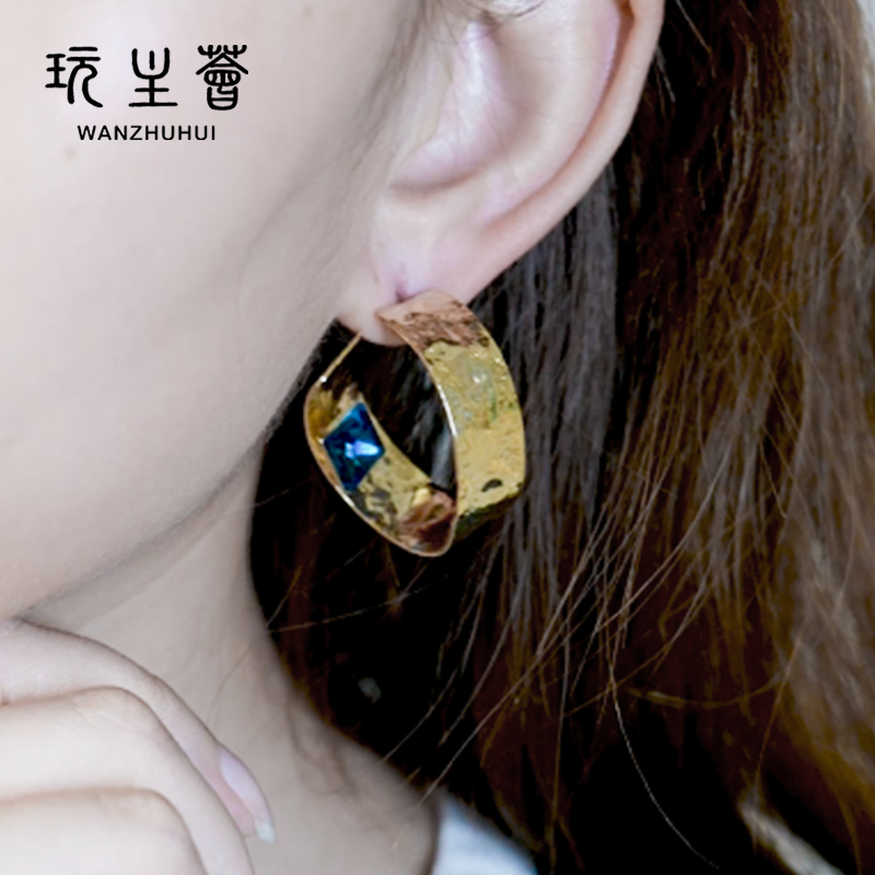 Hyperbolic irregular geometry french style golden hoop zircon earrings