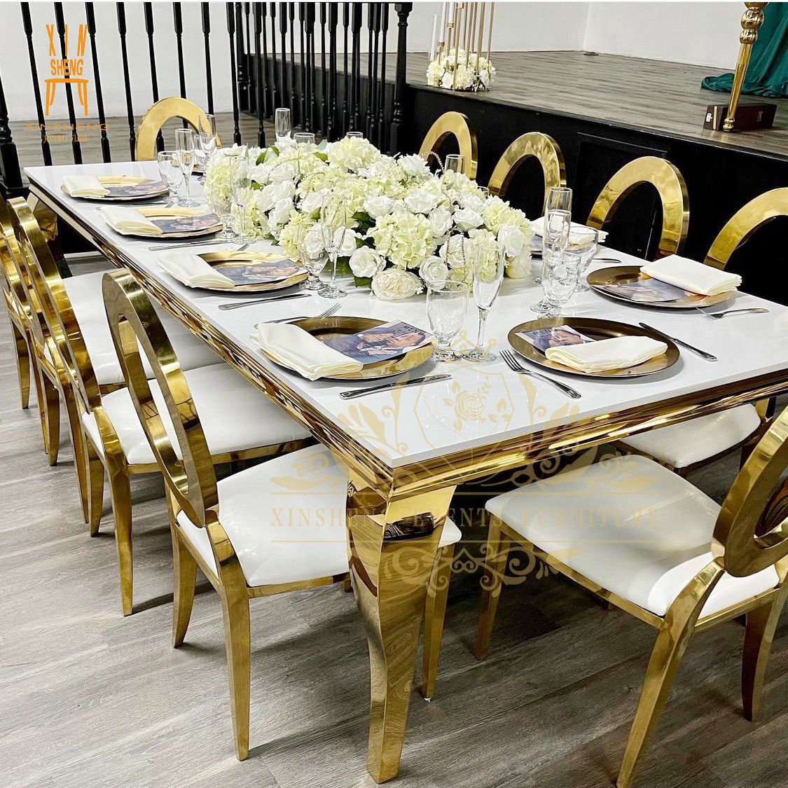 White MDF top with Gold Stainless Steel Legs Party Event Hotel Banquet wedding Dining Table