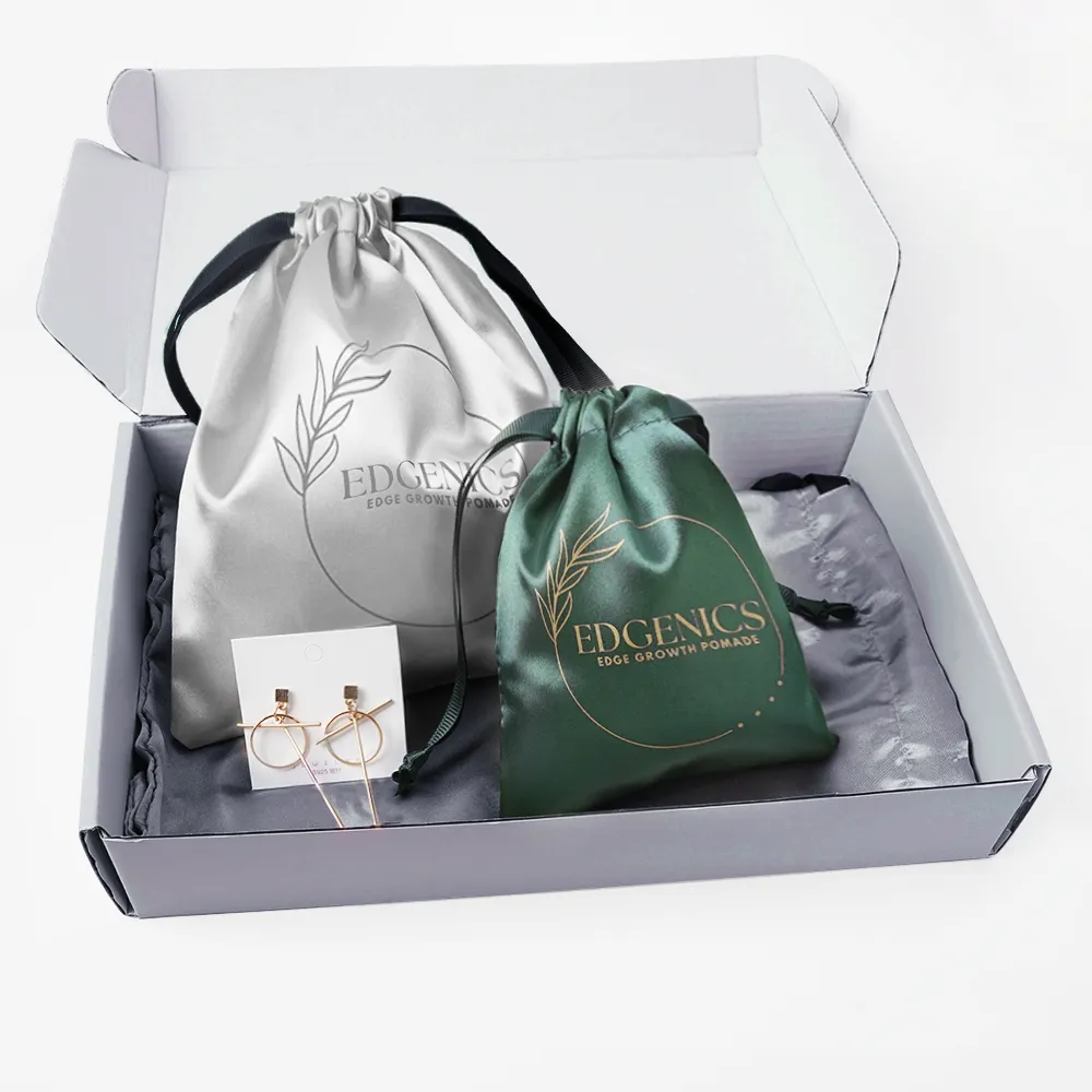 High Quality Luxury Logo Printed Custom Satin Bags Silk Satin Drawstring Bag