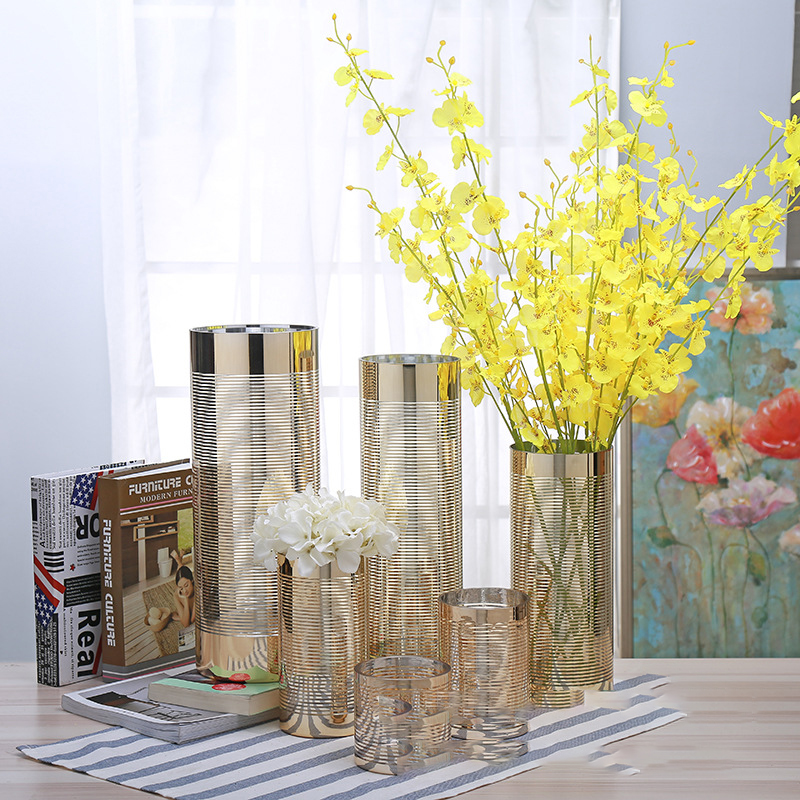 Most Popular High Quality Golden Cylinder Glass Flower Vase Custom Glass Vase For Home Decoration