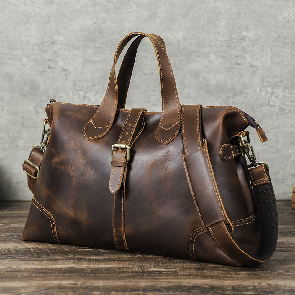 Crazy Horse Leather Duffel Bag For Men Women Business Travel Luggage Bag with 13.3'' Laptop compartment Overnight Weekender Bag
