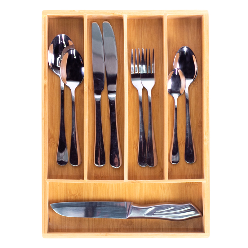 Bamboo Wooden Cutlery 5 Dividers Drawer Bamboo Flatware Tray Organizer Compartments Storage Holder for Knives Forks Spoons