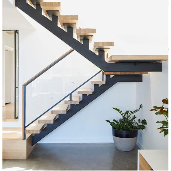 ECT Hot Sale Creative Design Mono Stringer Stair Wood Tread Glass Railing Staircase