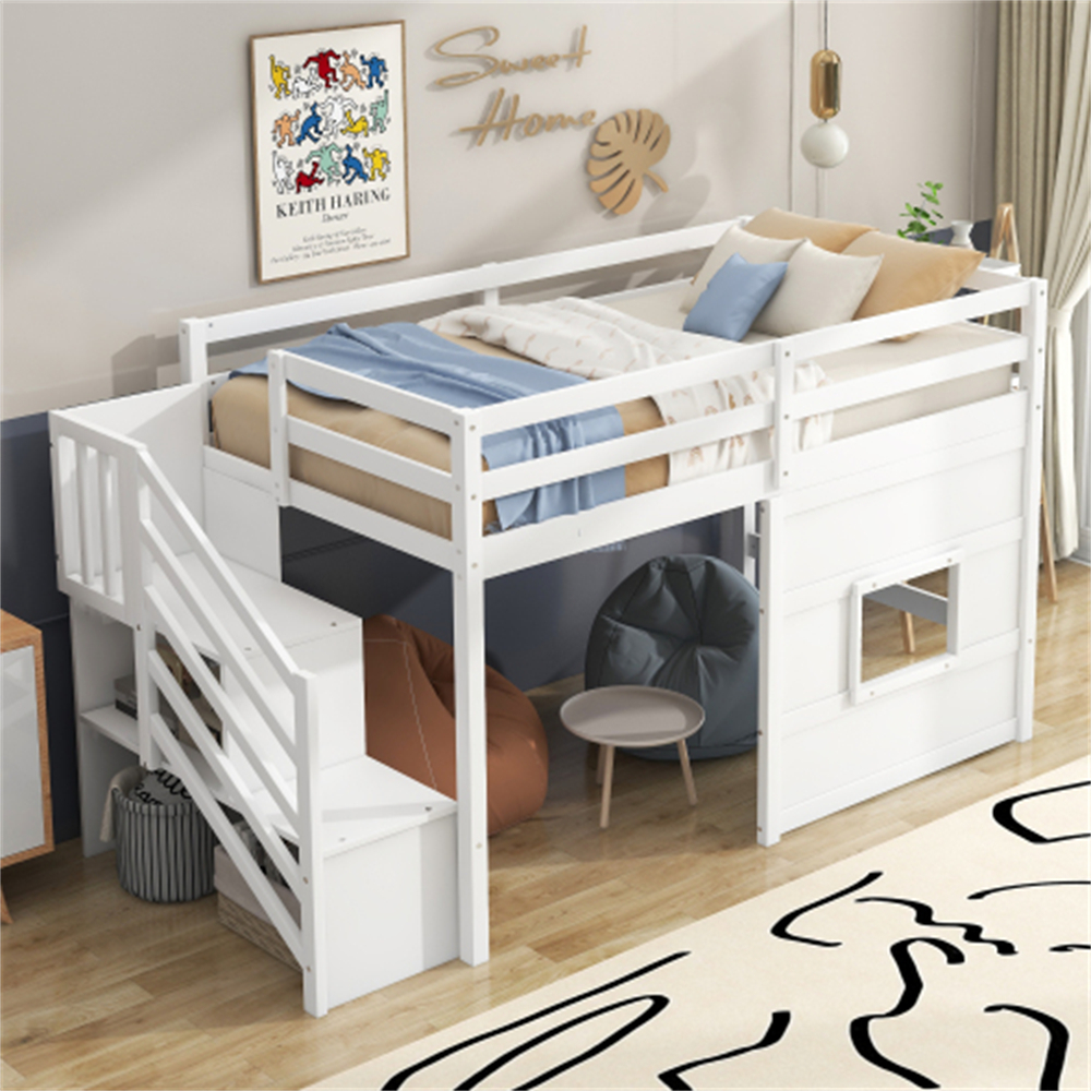 Europe Designs Solid Wood Children's Bunk Bed Wooden Twin Size Kids Loft Bed with Stairs Storage Window