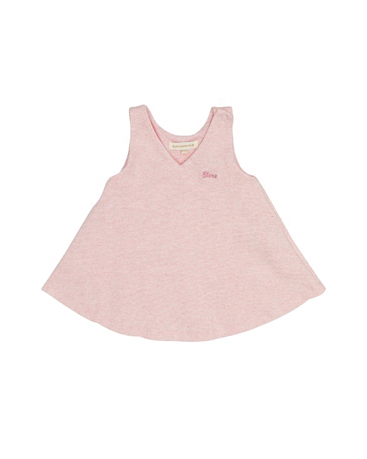 V-shaped neckline 100% organic cotton dresses Cute pink sleeveless little girl dresses Fashion plain bottoms dresses