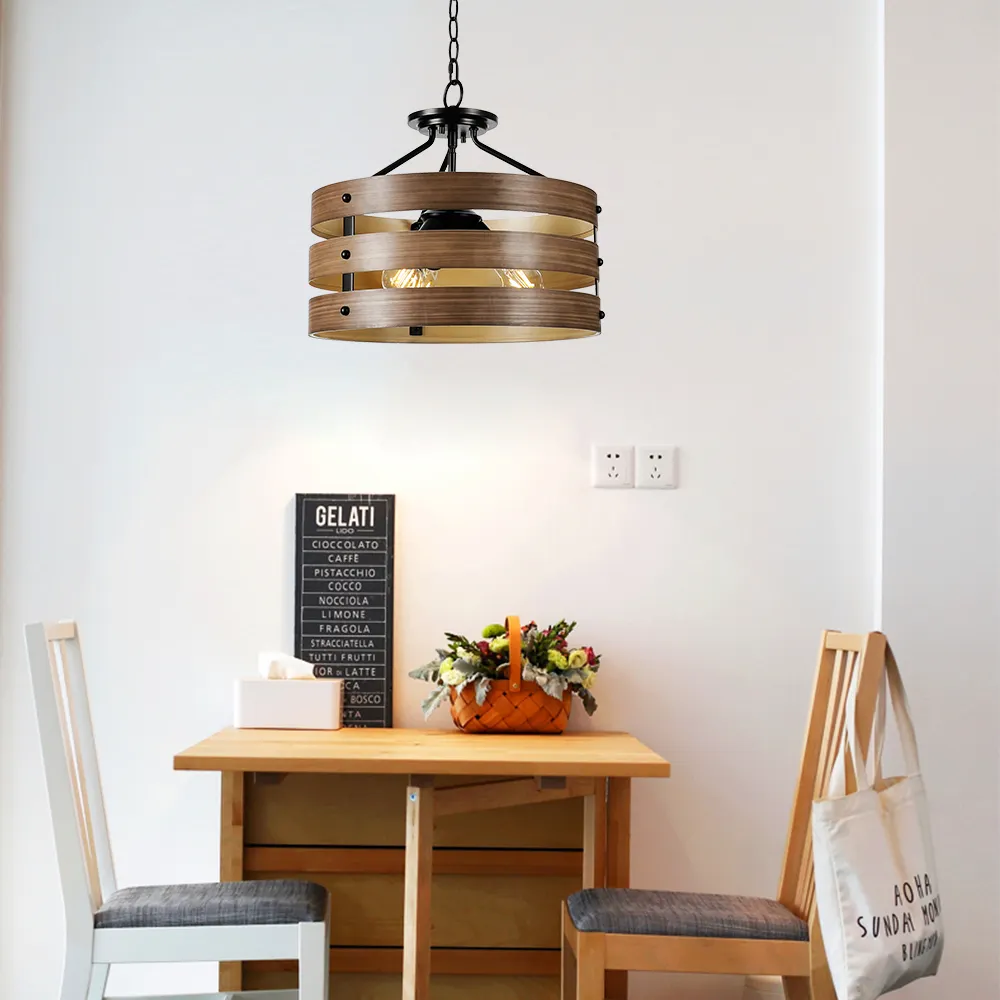 3-Light Semi-Flush Mount Wooden Chandelier For Living Room Pendant Light Decorative Pendant Lighting