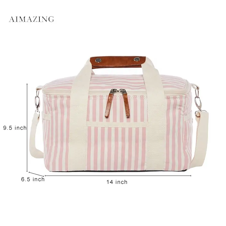 Reusable Insulated Lunch Bag Cooler Tote Bag for Beach People Men & Women Picnic or Travel with pink White Stripes