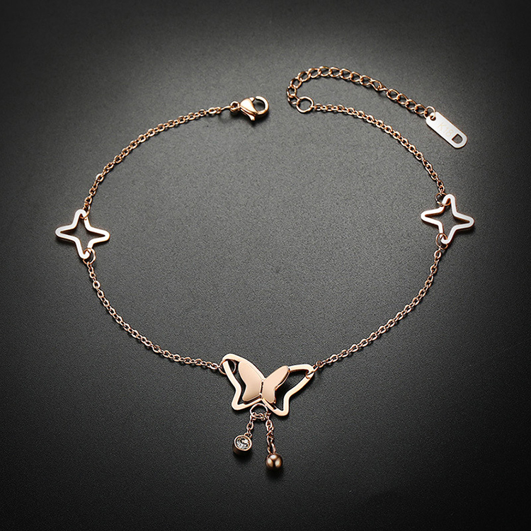 Premium Rose Gold Foot Jewelry Women Stainless Steel Butterfly Ankle Bracelet