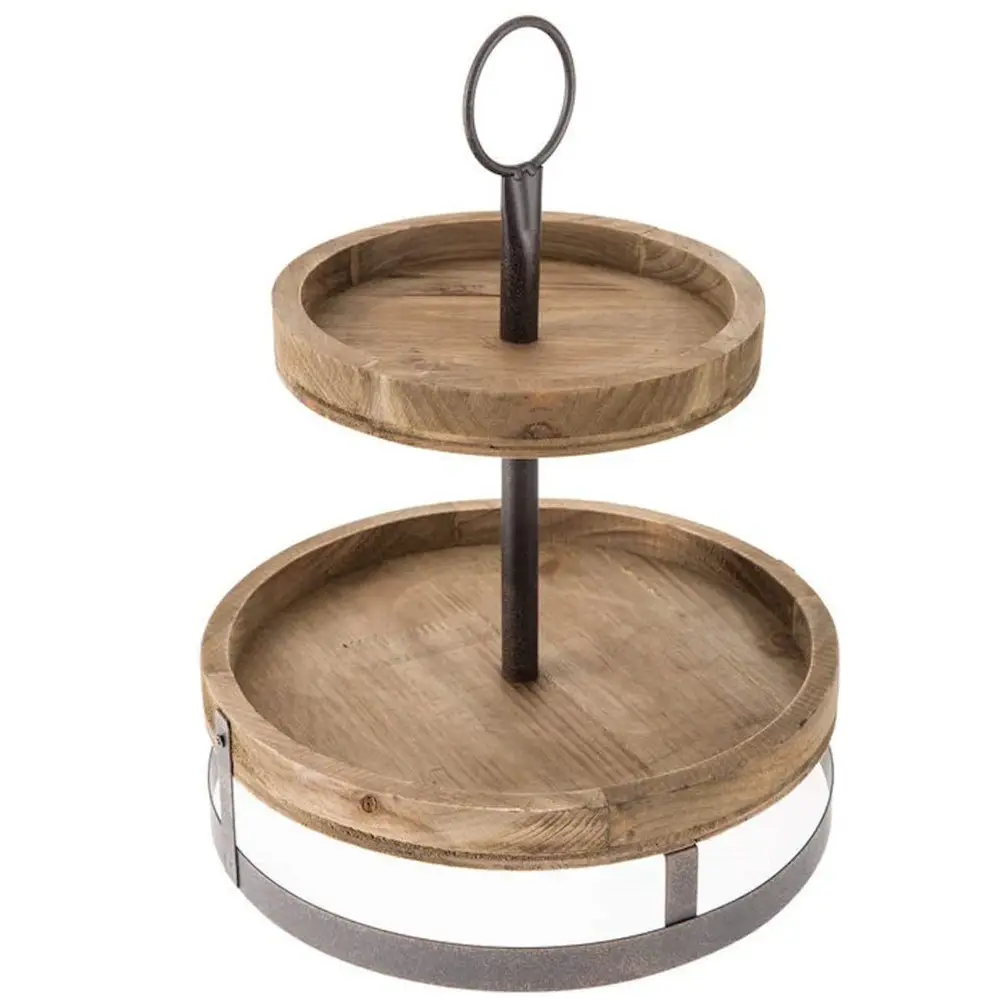 CaoXian HiHome Round Two-Tiered Wood Tray With Metal Accents