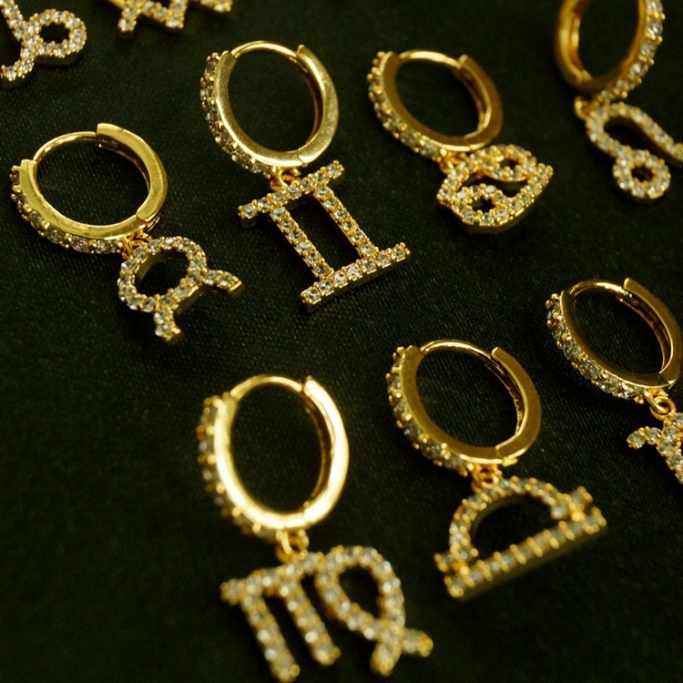 Iced Out Earrings Girls Accessories Jewelry Stainless Steel Dangle 12 Zodiac Earrings CZ Stone 18K Gold Huggie Earrings