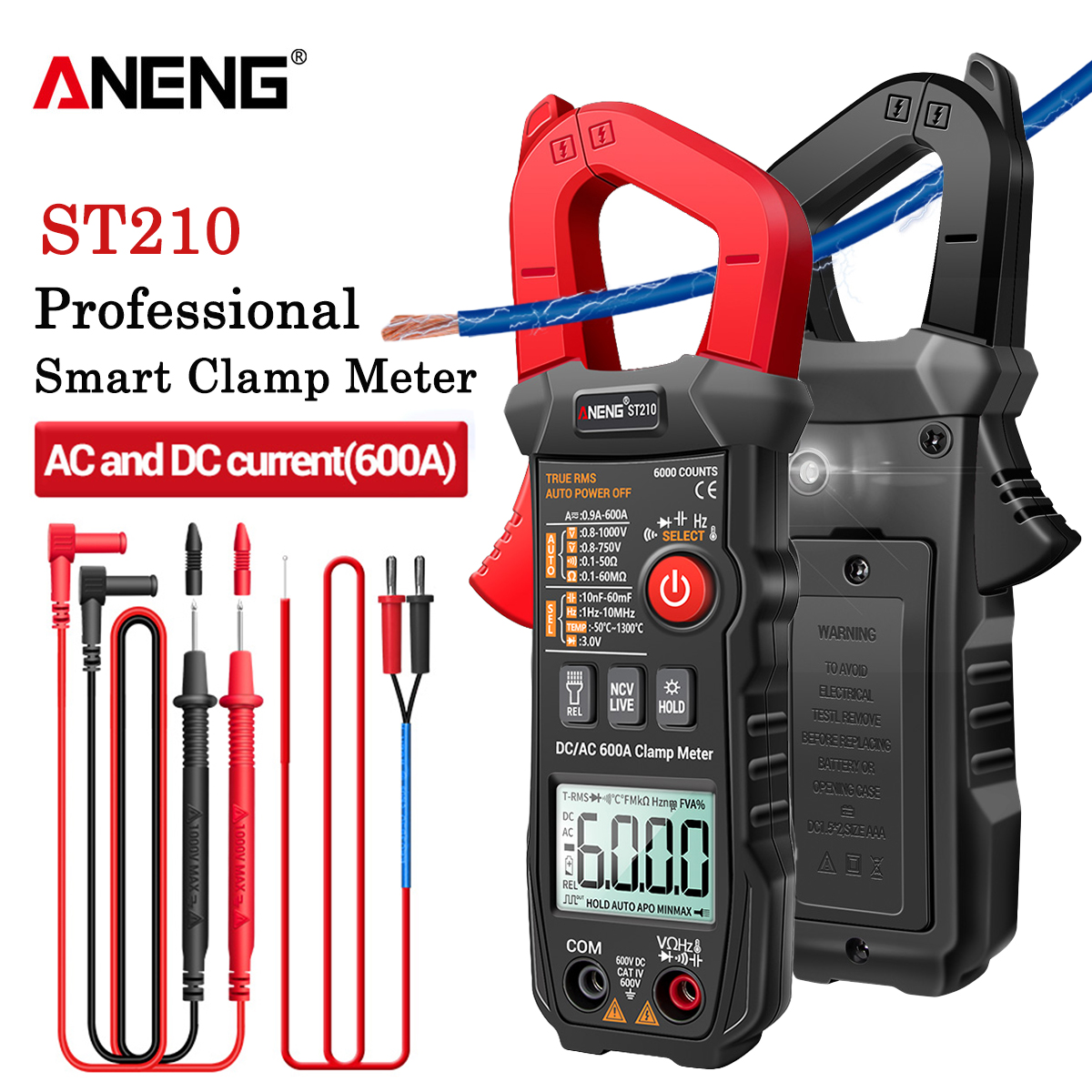 ANENG ST210 Профессиональный цифровой мультиметр клещи AC DC/AC 600A прибор для измерения тока 6000 отсчетов True RMS амперметр переменного тока для электро