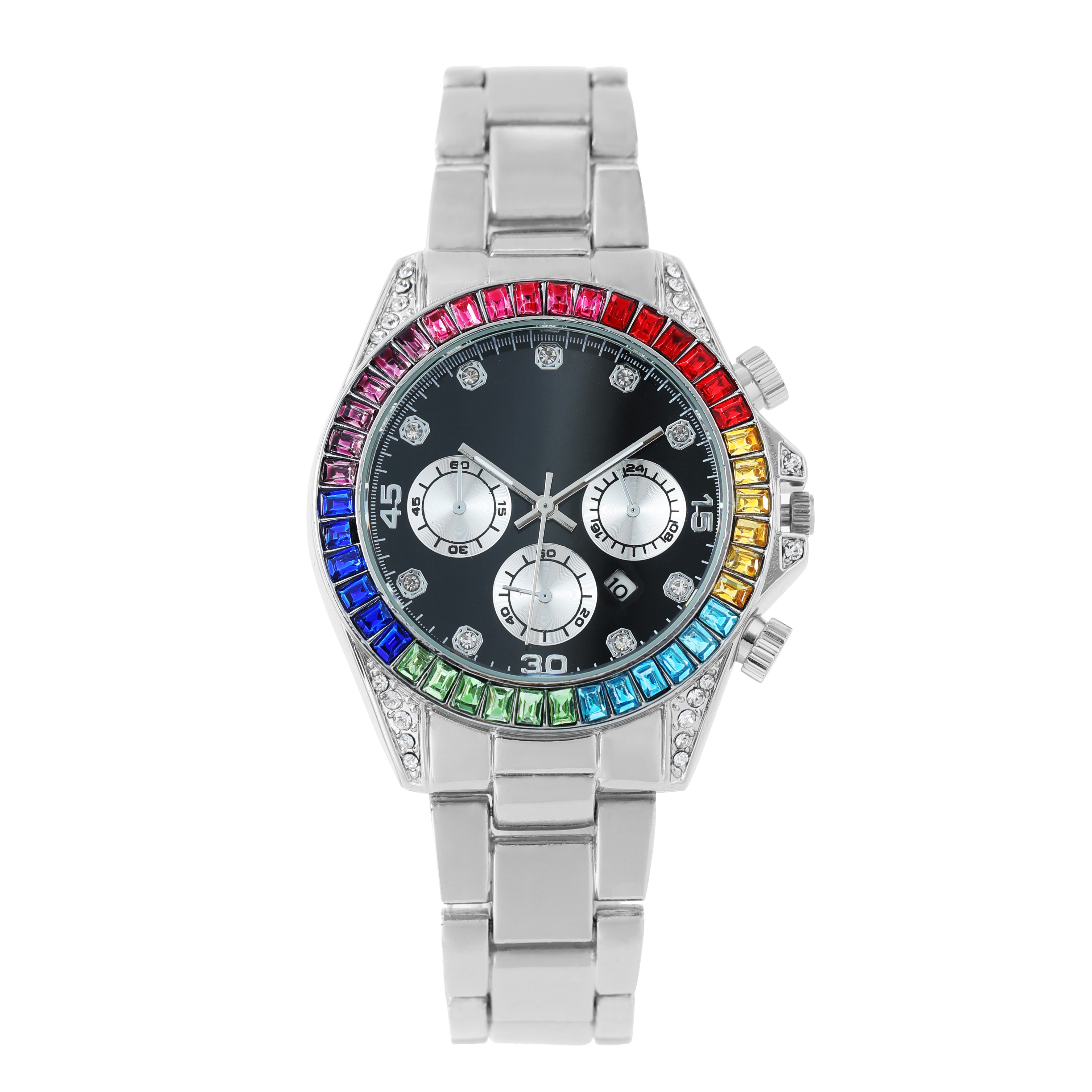 Popular color Rhinestone diamond inlaid men's watch three eye square diamond calendar hip hop color diamond quartz watch