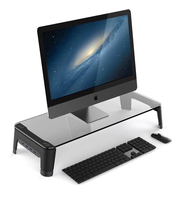 Tempered glass Height adjustable Desk Organizer with 3 USB and quick charge Monitor Riser Stand For Home Office Storage