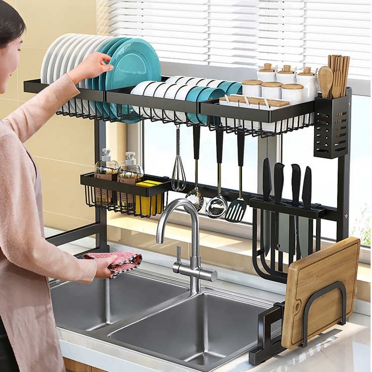 Multifunctional 2-Tier Stainless Steel Utensils Holder Kitchen Sink Organizer Dish Drying Rack