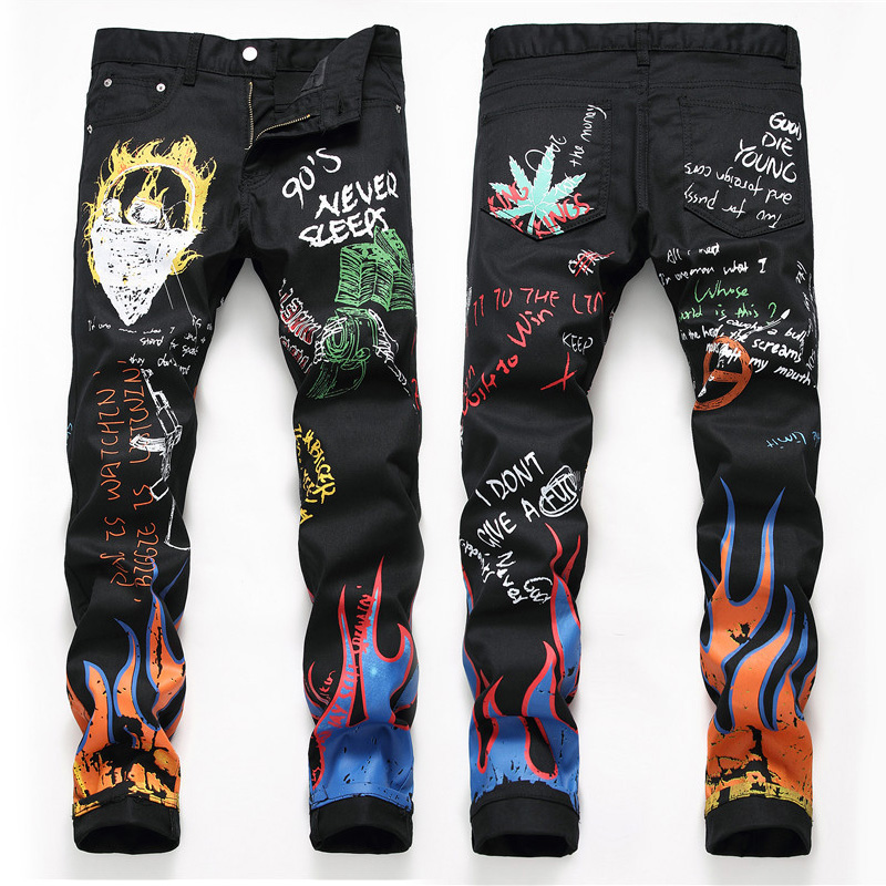 New stylish men black print letter slim fit straight casual jeans pants for men
