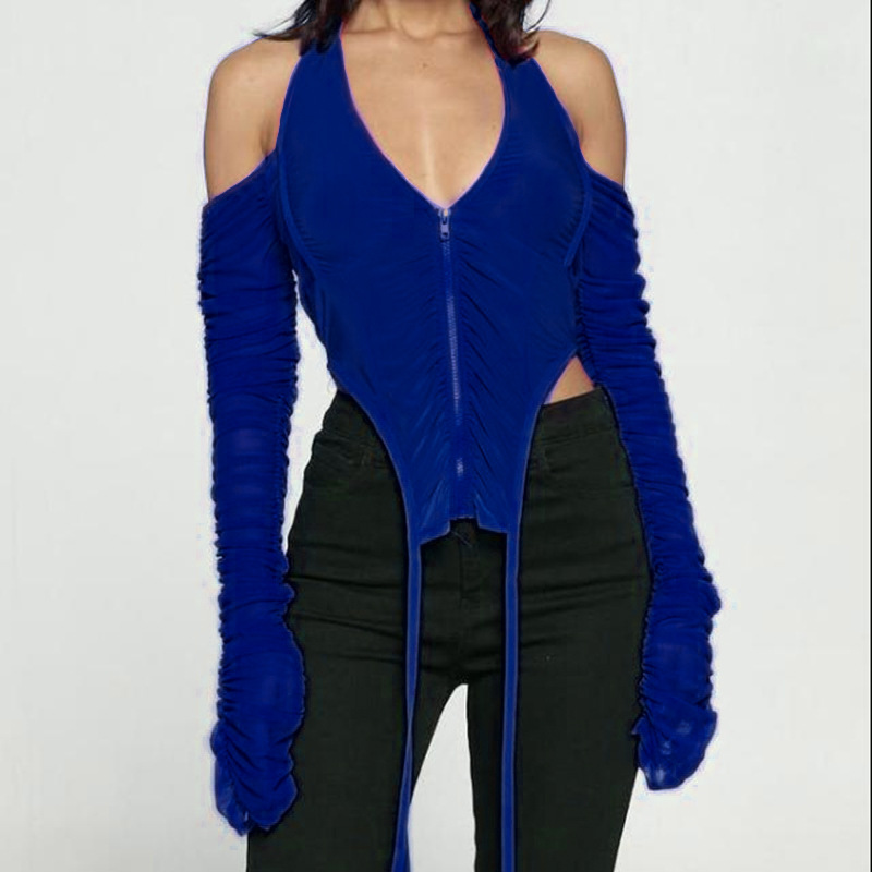 New Arrival Women Sexy See Through Mesh Tops Long Sleeve Backless V-neck T-shirt Fall Clothing Ladies Elegant Halter Outfits