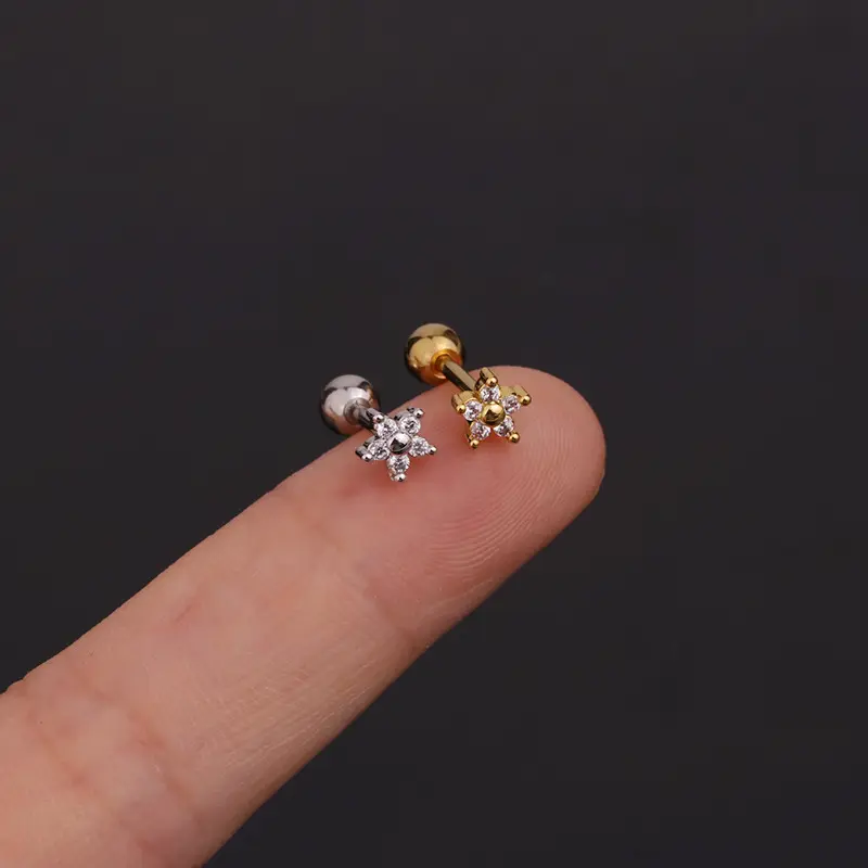 1Pc Gold And Silver Color CZ Cartilage Stud Earring For Women Girls Flower Key Star Tragus Stud Helix Ear Piercing Jewelry