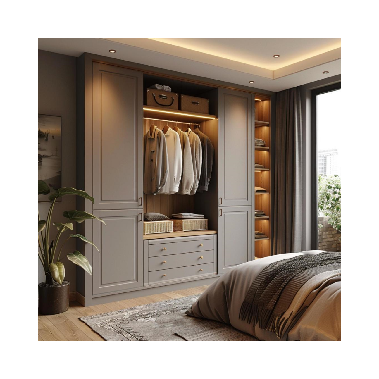 Customized Nordic Wooden Style Wardrobe Mixed With Gray Wardrobe Modern Cabinet Wood Furniture