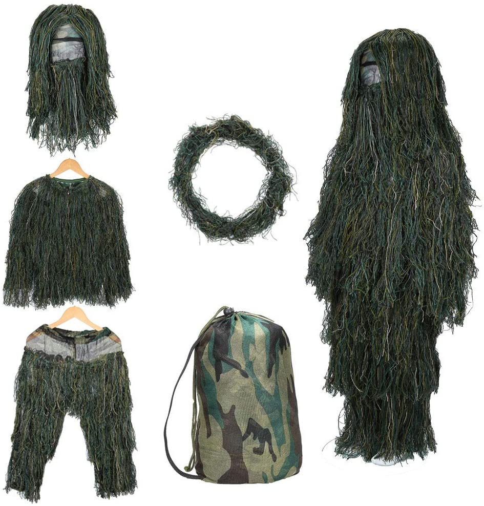5 in 1 Ghillie Suit 3D Camouflage Hunting Apparel Including Jacket, Pants, Hood, Rifle Wrap, Carry Bag