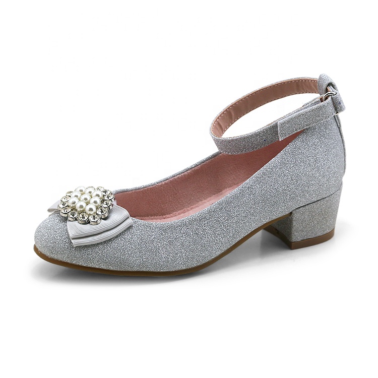 Silver Mary janes girls dressing shoes Diamond buckle decoration heel party Children dress shoes
