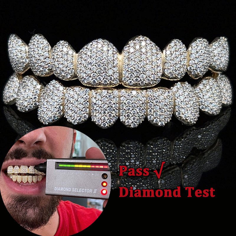 Изготовленный На Заказ пропуск Diamond тесты зубы верхней и нижней части в стиле «хип-хоп» 10k 14k 18k золотые 925 сплава серебра полностью льдом Муассанит решетки