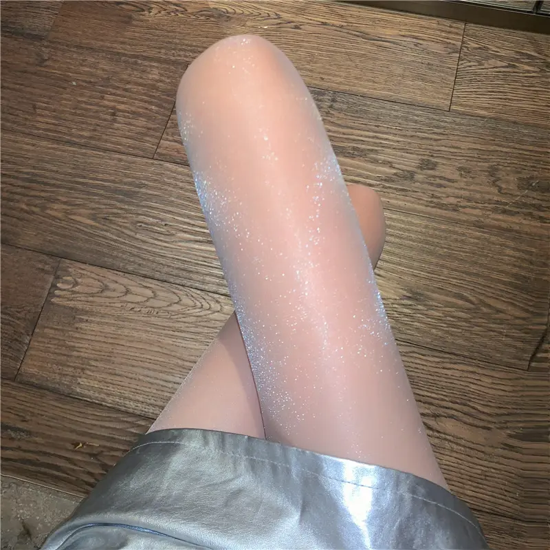 Glitter Shinny Fiber One Line Closed Crotch Women Anti-hooking Silver Silk Stocking Pantyhose