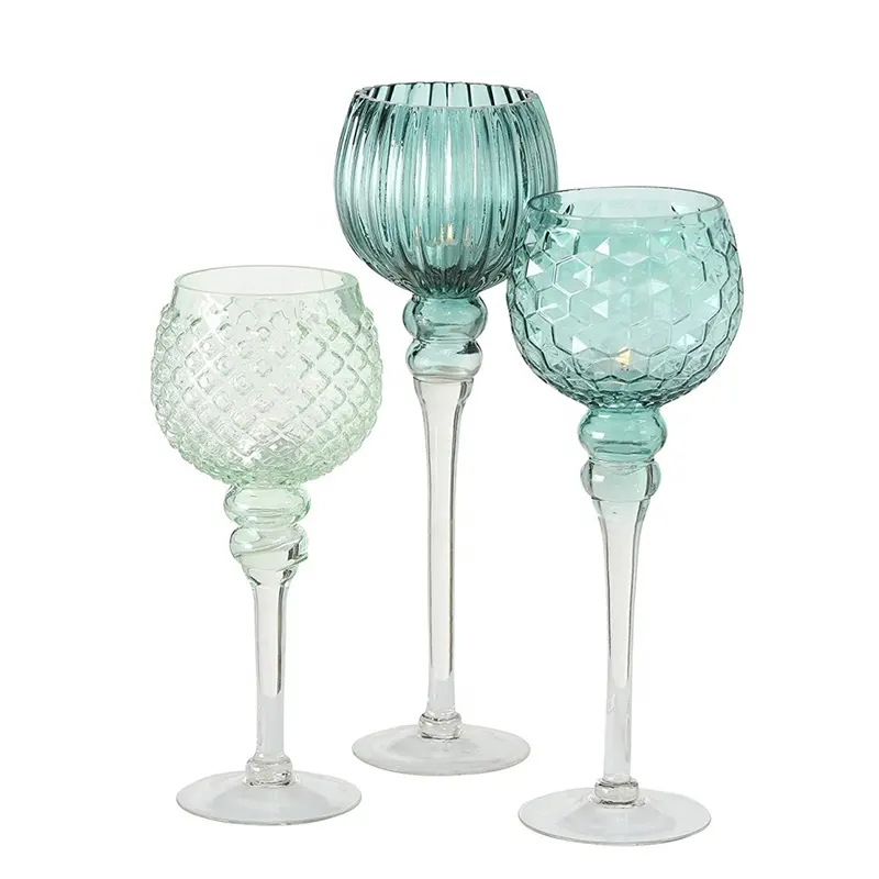 Set of 3 green and Clear Glass Long Stem Candle Holder