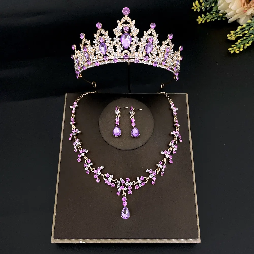 Newest red blue green gemstones bridal crown tiara jewelry set 8 colors rhinestones wedding jewelry set