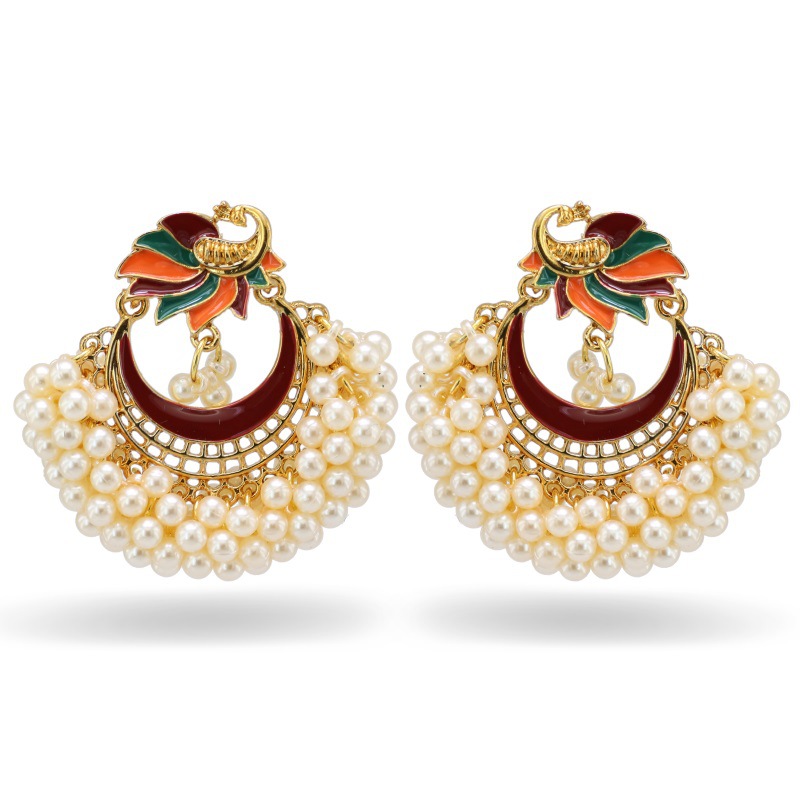 Ethnic Style Peacock Earrings Women Gold-plated Alloy Enamel Elegant Handmade Pearl Tassel Drop Earrings