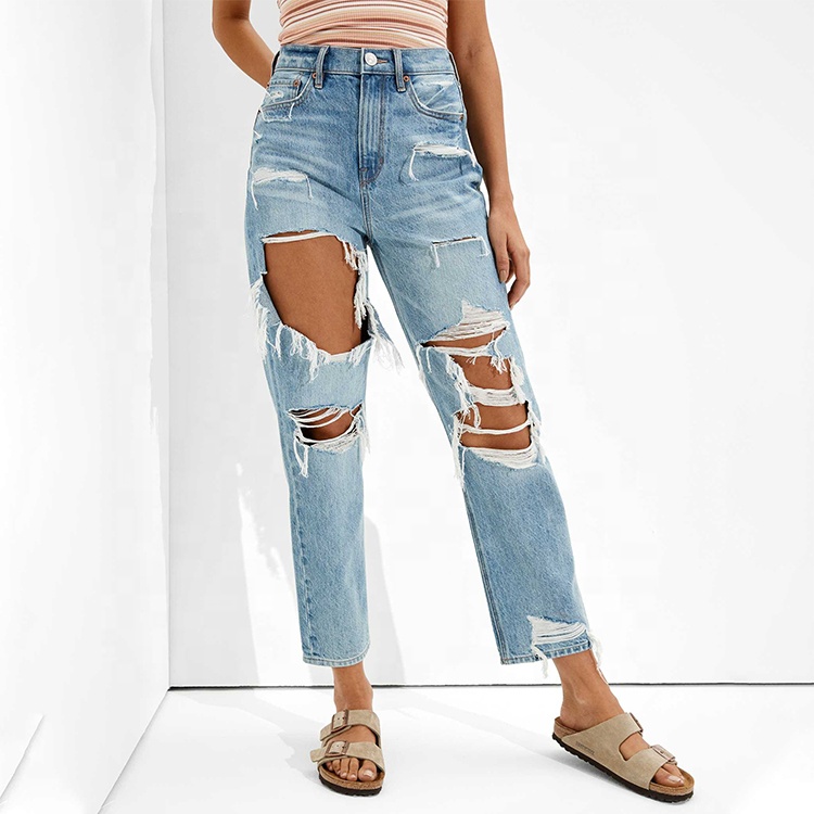 2021 Custom Straight Ripped Highest Waist Denim Pants Destroyed Boyfriend Jeans For women