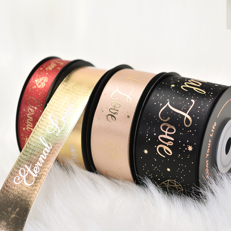 Ribest Wedding Love Printed Customed Satin Gilding Ribbon With Logo Decorations Packing Boxes