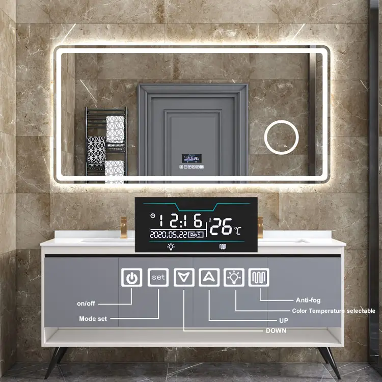 LD Customized  Wall Mounted Glass Wifi Magic Mirror Touch Screen Dimmer Bath Lights Smart Led Bathroom Mirror
