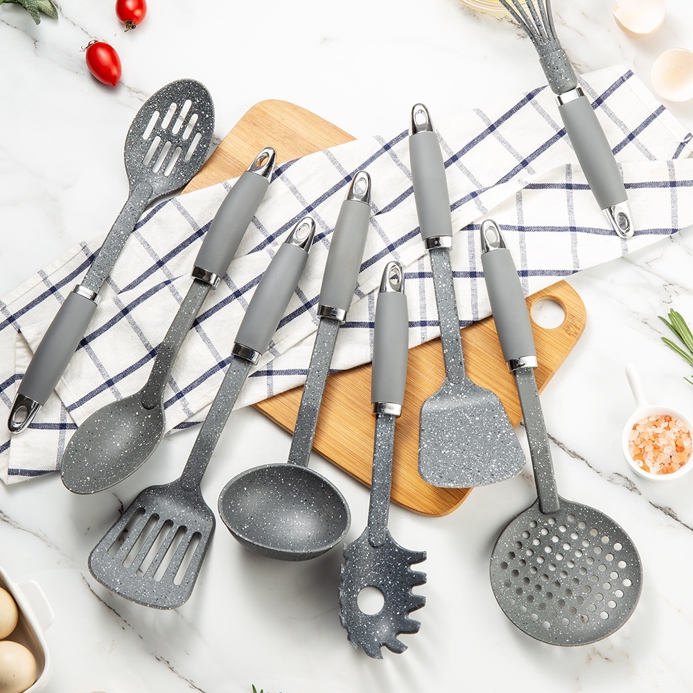 8 Pieces Heat Resistant Private Label Wholesale Nylon Kitchen Tools Non Stick Cooking Utensils Set Black Color With White Dot