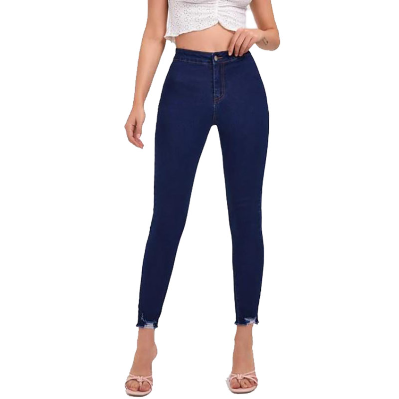 China Factory Wholesale Custom High Quality Button Pencil Pants High Waist Raw Hem Skinny Women Jeans