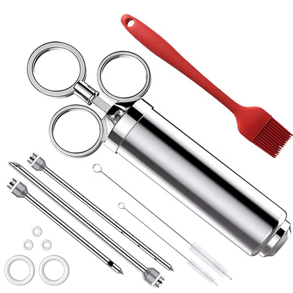 Heavy duty 304 Stainless Steel Meat Injector Kit with 2-oz Large Capacity Barrel with 3 commercial Marinade Needles for BBQ