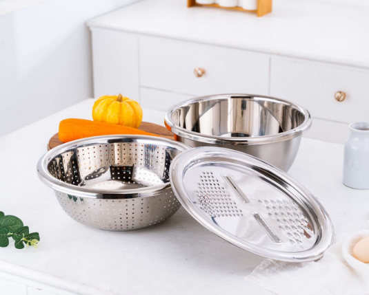 3 in 1 stainless steel Mixing Bowl sink colander strainer mesh basket vegetable cutter grater bowl with drain basket